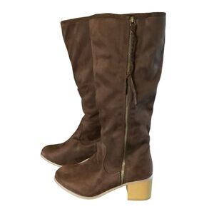 Faux Suede Boots Zip up fur lined  knee high - brown size 5 1/2